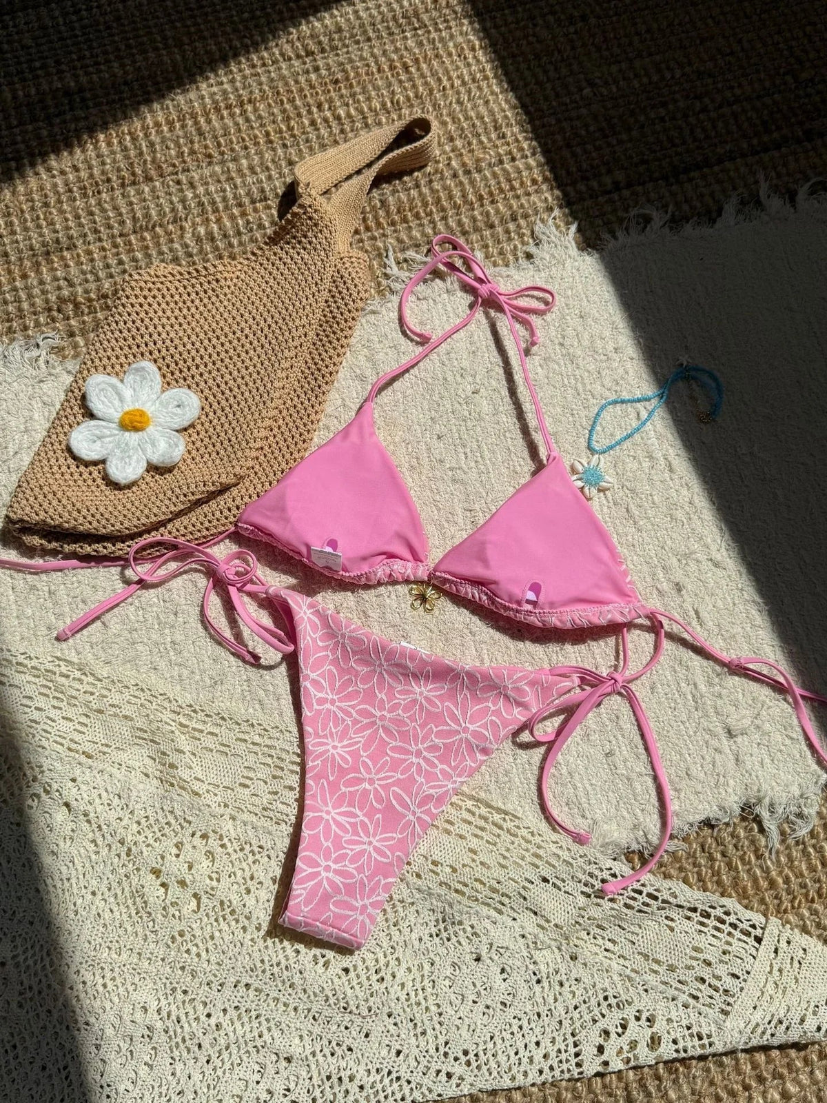 Sexy Pink Mesh Flower Bikini Set Women Halter Push Up Bra Bandage Triangle Swimsuit 2025 Summer Bathing Suit Vacation Swimwear