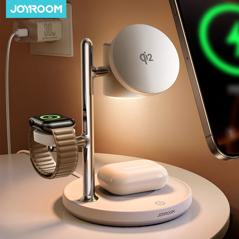 Joyroom 4-in-1 Qi2 Fast 15W Wireless Charger Magnetic Charging Station For iPhone 16-12 Series For iWatch For AirPods 4/3/2/Pro