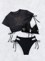 2026 Black Crop Top Swimwear Women Summer Sexy Beachwear Mesh Short Sleeve Cover Ups Top Three Piece Swimsuit Lace Up Bikini Set