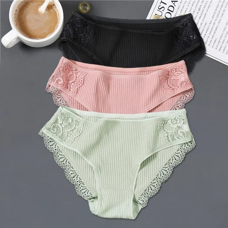 New 3Pcs/set Women's Cotton Panties M-2XL Women Patchwork Lace Underwear Sexy Low Waist Briefs Ladies Comfortable Underpants