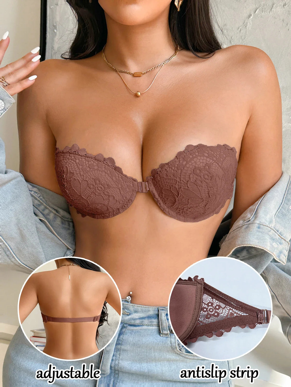 Lace Strapless Women Bra Sexy Front Clasp Push Up Bra Invisible Non-Slip Fashion Lace Bra Women