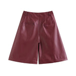 Burgundy Leather Wide Leg Shorts For Women High Waist With Pockets Stylish Daily Simple Casual Leather Button Zipper Shorts GQ6I