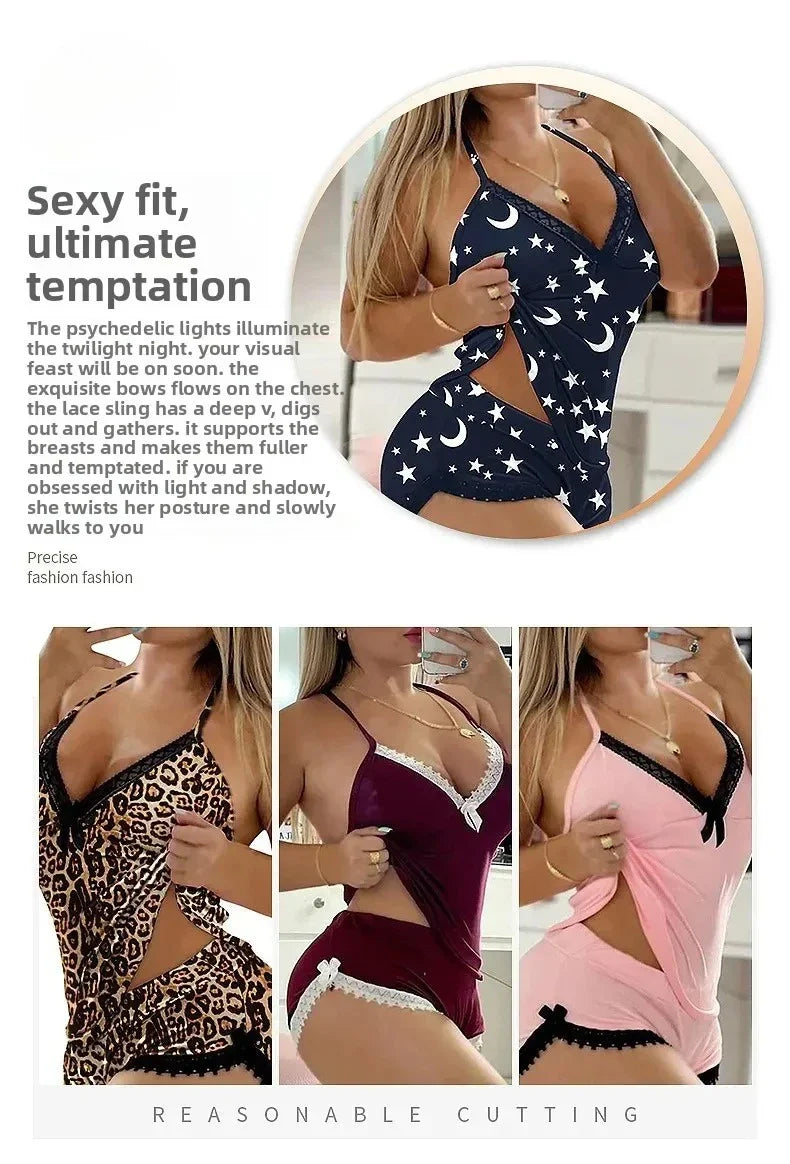 Sexy Lace TrimNightgown Set Large Size Home Wear Strap Sleepwear Two Piece Set Hot Sale