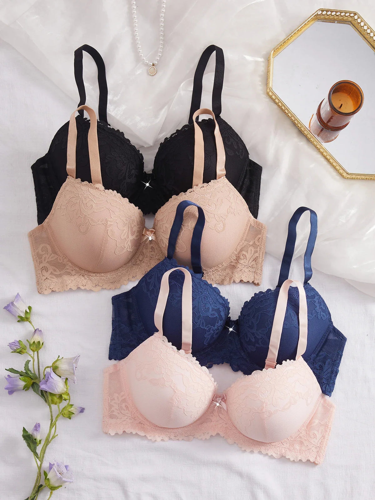 4PCS Plus Size Lace Women's Underwear Set Underwire Push Up Bra Rhinestone Bow Comfort B C D Thin Cup Bras Women