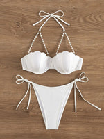 Sexy Pearls Strap Bikini Set 2025 Women White Push Up Underwire Tie Side Thong Swimsuit Summer Bathing Suit Swimwear Biquini