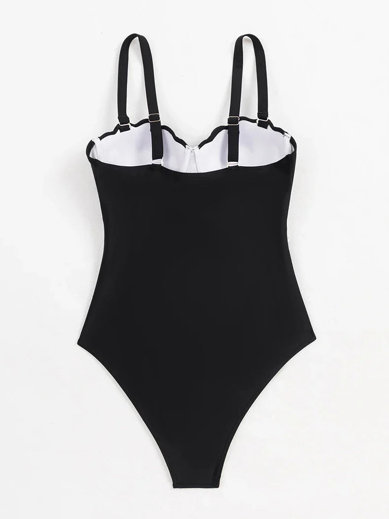 Sexy Black Knitted Patchwork One Piece Swimsuit 2026 Ruffles Push Up Underwire Slim Tummy Control Swimwear Beach Bathing Suits