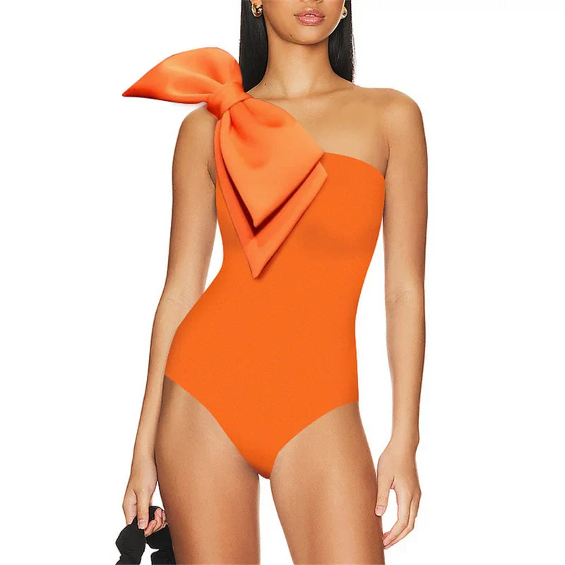 Vintage One Piece Swimsuit Tie Up Bow One Shoulder Tummy Control Pleate Skirt Swimsuit Bathing Suit Holiday Beachwear Surf Wear