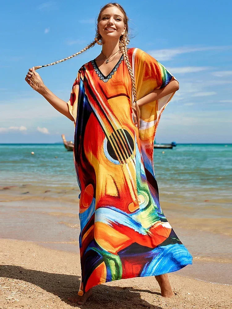 2025 Loose Boho Style Maxi Dress Print Face Swim Suit Cover-up Bohemian Dress Robe Plage Kaftan Maxi Dress Beach Wear Tunics