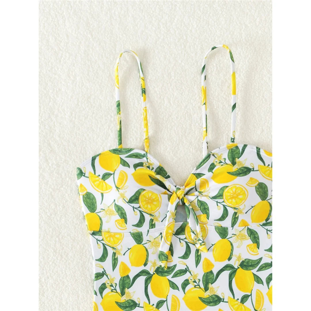 2026 New Lemon Printed Knotted One Piece Swimsuit Women Swimwear Female Monokini High Leg Cut Bather Bathing Suit Swim K6093