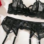 Embroidery Lingerie 3Pcs Sets Ultrathin Mesh Patchwork See Through Bras And Thongs Garter Suits Erotic Intimate Sexy Underwear