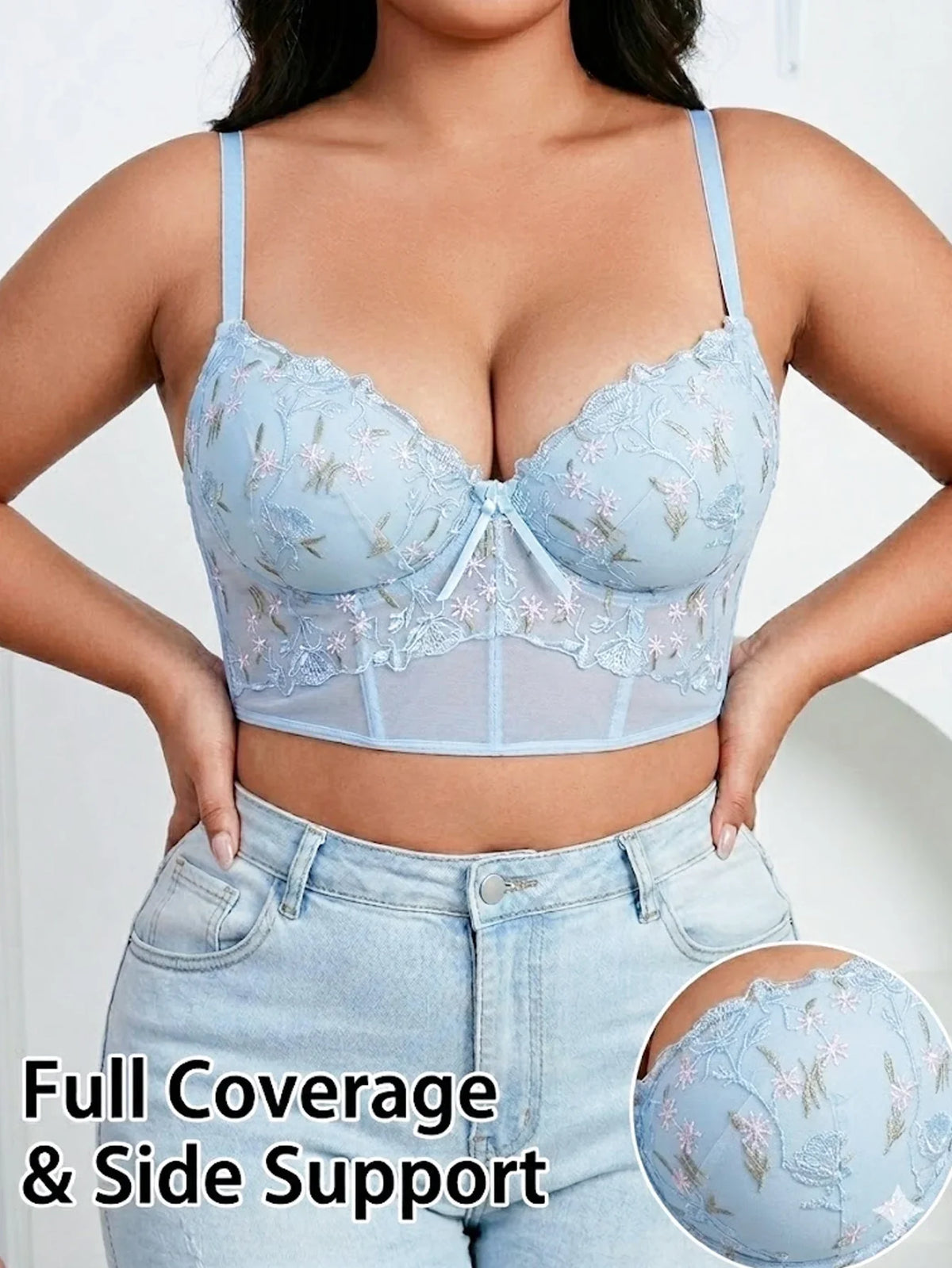 Women's Floral Embroidery Lace Push Up Bra With Underwire Longline Shaping Side Support Minimizer Comfortable Bra