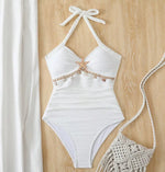 Vintage White One Piece Swimsuit 2026 Women Shell Starfish Ornament Pleate Tummy Control Swimwear Beach Holiday Bathing Suit