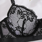 “Women's Black Lace Bra and Thong Set - Sexy Sheer Underwire Lingerie, Floral Embroidery, Seductive Nightwear”