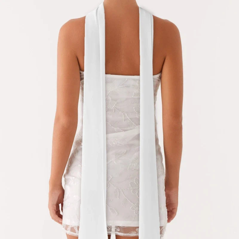 Sexy Glitter Pearl Women Summer Mini Dresses Sleeveless Off Shoulder Flower Embroidery Tube Top Bandeau Dress with Scarf