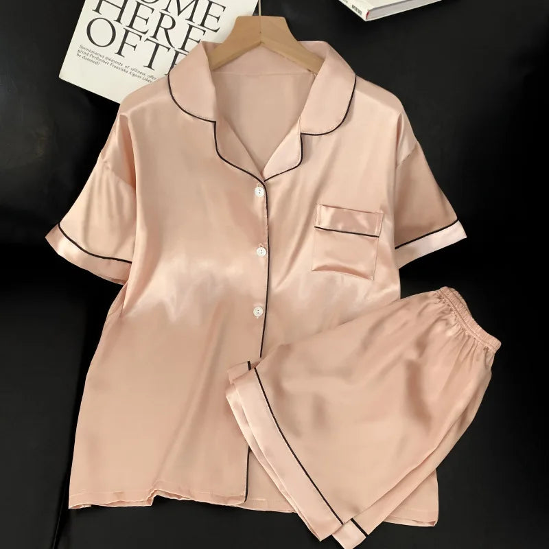 Sweet Simple Ice Silk Pajamas for WomenThin Short-sleeved Home Clothes Suit Nightwear Women's Pajamas Set Nightie Summer
