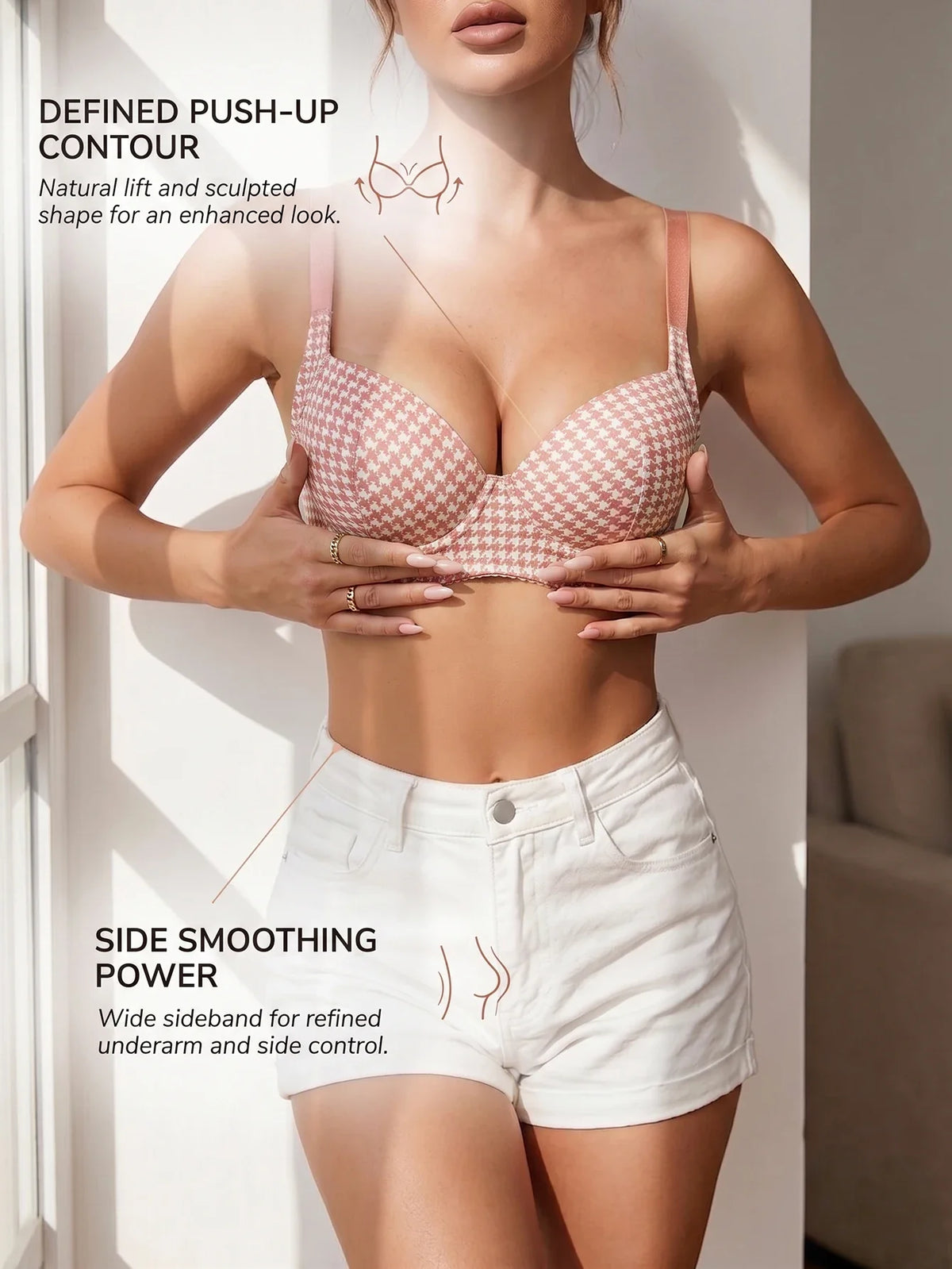Women's Houndstooth Print Push-Up Bra Wide Elastic Straps Underwear Underwire Side Smoothing & Supportive Bra Women