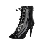 Plus Size Women Patent Leather Mesh Spliced Ankle Boots Back Zipper Peep Toe Lace Up Stiletto High Heels Hollow Out Summer Booti