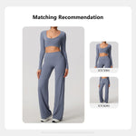 Hearuisavy Sports Set 2Pcs Women'sLong Sleeve Backless Fitted Fitness Top Push Up Pilates Yoga Top Wide Leg Straight Leg Pants