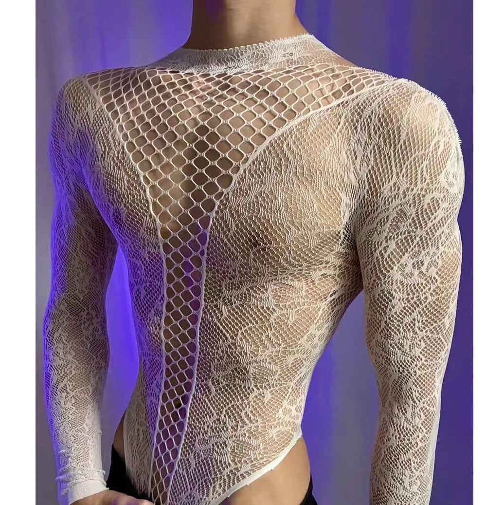 New American Style Fashion Men Vests Tops Crew Neck Sexy HollowMesh Bodysuit CasualLong Sleeve Tank Clubwear Party Costume
