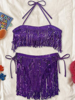 Shiny Glitter Bikini Set 2025 Women Sexy Bandeau Push Up Sequin Tassel Swimsuit Ladies Beach Bathing Suit High Waist Swimwear