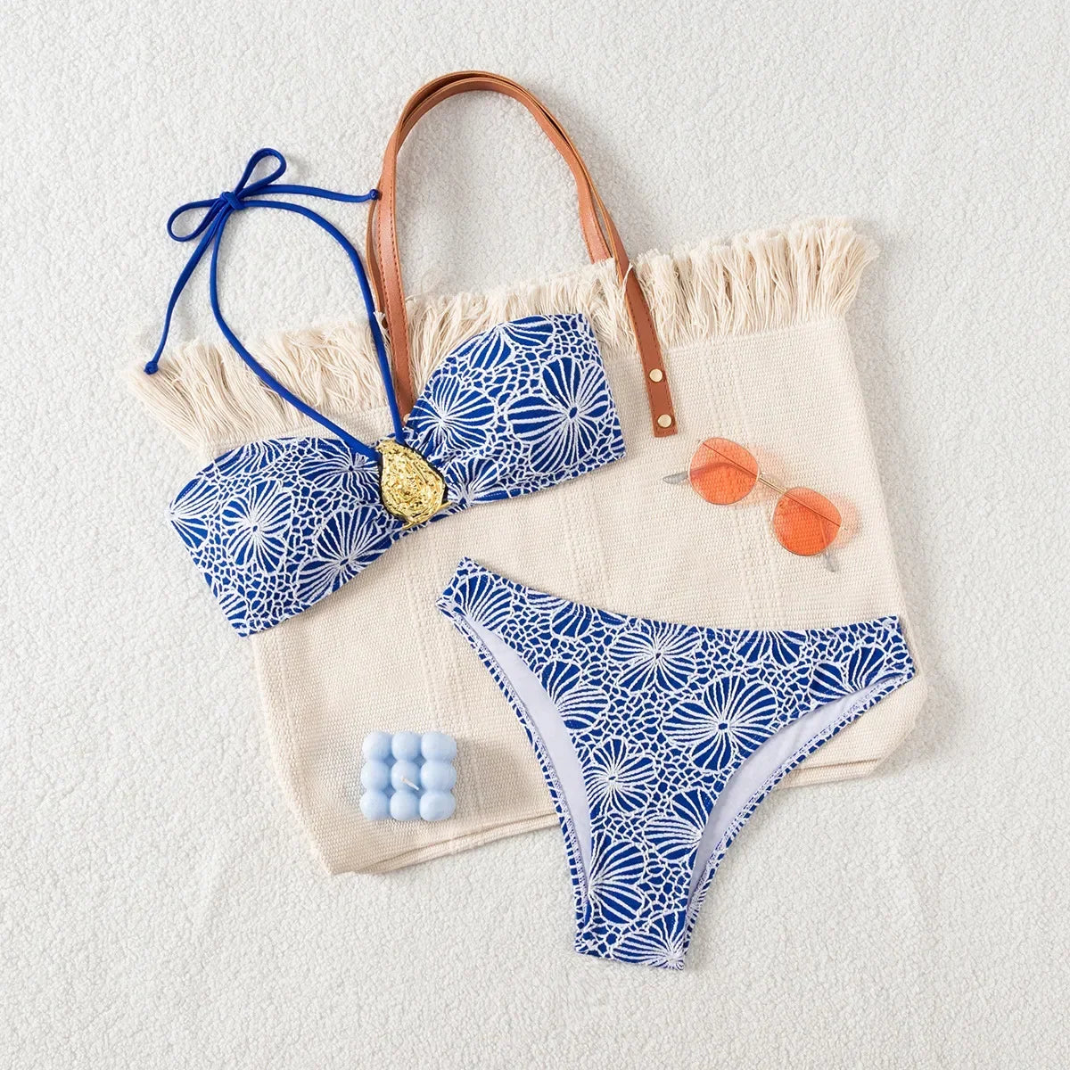 Bandeau Swimsuit Blue Thong Bikinis Women Sexy Print Halter Swimwear Female Padded Bathers Bathing Swim Suit Beach Wear Summer