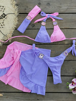 Sexy Skirt 4 Pieces Bikini Set Women Luxury Blue Patchwork Rhinestone Push Up Cover Up Swimsuit 2024 Beach Bathing Suit Swimwear