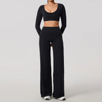 Hearuisavy Sports Set 2Pcs Women'sLong Sleeve Backless Fitted Fitness Top Push Up Pilates Yoga Top Wide Leg Straight Leg Pants