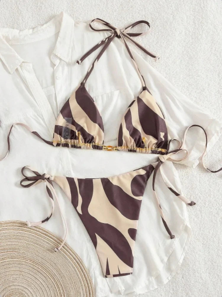Sexy Coffee Striped Bikini 2026 Women Halter Push Up Bra Tie Side Thong Swimsuit Brazilian Beach Bathing Suit Micro Swimwear