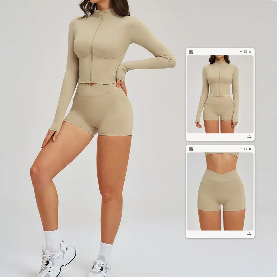 Yoga Suit Women Tracksuit Long-sleeved Jacket Shorts Suit Outfit Gym 2PCS Set Fitness Running Workout Clothes Push Up Sportswear