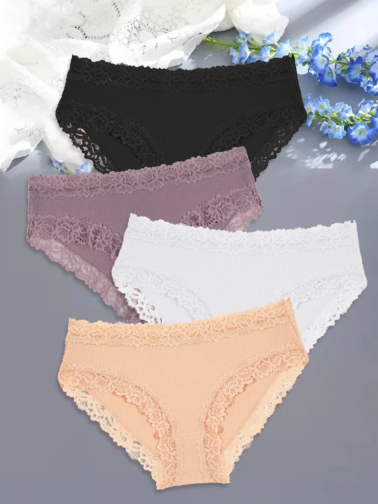 4Pcs Sexy Cotton Lace Panty Women Low Waist Panties Underwear S-XL Solid Color Ladies Briefs Lingere Underware Comfortable Women