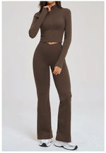 2PCS Yoga Set Gym Clothes Sportswear Seamless Women Fitness Long Sleeved Tracksuits Sports Workout Gym Flared Leggings Athletic