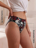 Stylish Mid-Rise Women Panties Gothic Skull Seamless Underwear Soft Breathable Rose Print Female Briefs