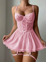 Lace Open Bra Underwear Set Lace UpLingerie Transparent Deep V Bra Baby Doll Dress Women EroticMesh Garter Underwear Sets