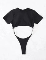 Bikini Women Swimsuit 2024 Blue Short Sleeve Hollow Out Thong Monokini Brazilian Beach Bathing Suit Push Up One Piece Swimwear