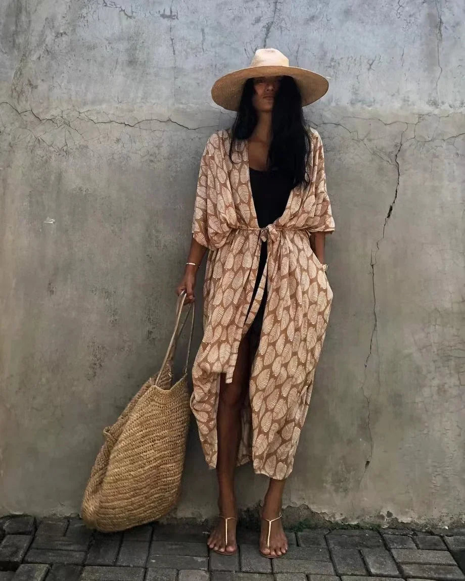 2024 New Summer Sexy Beach Kimono Swimwear Cotton Cover Up Swimsuit Women Print Bikini Cover Up Beachwear Dress Robe
