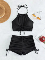 Sexy Ring Linked Pleate Bikini Set Women Brown Cut Out Push Up Two Piece Swimsuit 2024 Bathing Suit High Waist Panties Swimwear