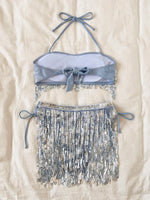 Shiny Glitter Bikini Set 2025 Women Sexy Bandeau Push Up Sequin Tassel Swimsuit Ladies Beach Bathing Suit High Waist Swimwear