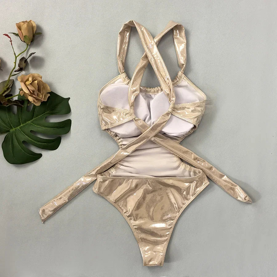 Sexy Gold One Piece Swimsuit 2025 Women Halter Neck Pleate Backless Tummy Control Swimwear Beach Bathing Suit Holiday Monokini