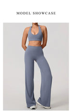 Hearuisavy Summer Yoga Set 2Pcs Women Breathable Backless Halter-Neck Sports Bra Push Up Pilates Fitness Top Straight Leg Pants
