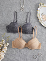 2PCS Floral Lace Push Up Bras for Women Underwire Support Lingerie Underwear Comfort Thin Adjustable Strap Daily Lace Bra Set