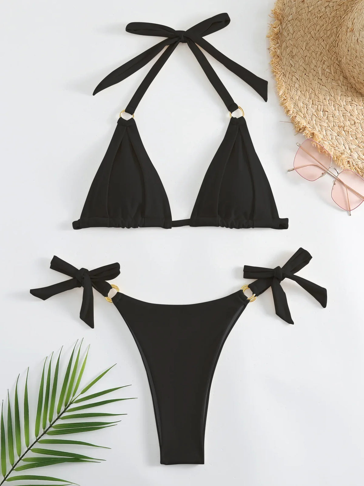 Micro Bikini Sexy Women Swimsuit 2024 Solid Beige Halter Ring Linked Push Up Mini Bikinis Summer Bathing Suit Thong Swimwear