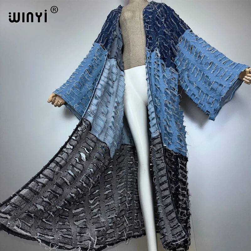 WINYI kimono Colour matching denim cardigan maxi dress beach wear cover-up abaya dubai luxury beach outfits for women kaftan