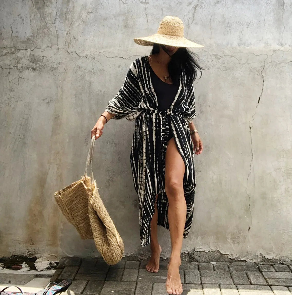 Beach Cover Ups for Swimwear Women Black Tie Dye Kimono Swimsuit Cape Summer Dress 2022 Beachwear Outfits Sales