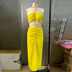 2025 women's backless sexy beach vacation dress with suspender collar pleated metal chain, new elegant vacation dress design
