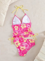 Vintage Pink Floral Print Bikini Set 2026 Swimwear Women Drawstring Side Push Up Tank Top High Waist Short 2 Piece Swimsuit