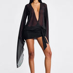 Yiiciovy Women Mesh Sheer Mini Dress Beach Cover Ups Long Sleeve V Neck Backless Solid Color See Through Cocktail Dress