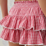 Cute Tiered Ruffled Mini Skirts for Women Plaid Print Smocked High Waist Lacy Trim Cute A-line Short Skirts Fashion Summer Skirt