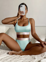 Shiny Pink Contrast Bikini Set Women Halter Push Up Patchwork High Waist Swimsuit 2025 Designer Bathing Suit Two Piece Swimwear