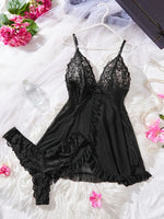 Sexy Lace Lingerie Set for Women, Red Sleepwear Nightdress with Matching Panties, V-Neck Sheer Lace Camisole, Romantic Night