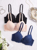 3Pcs Floral Lace Women's Underwear Set Daily Push-Up Bra Rhinestone Breathable Mesh Bra for Women